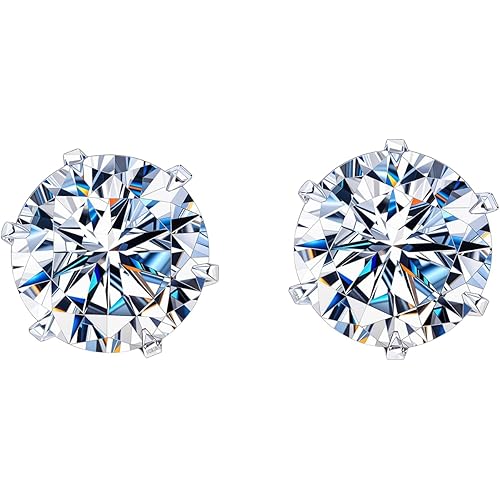 HIGHSPARK 925 Silver Solitaire Stud Earrings | 92.5 Sterling Silver & Round Brilliant Cubic Zirconia Tops for Men Women