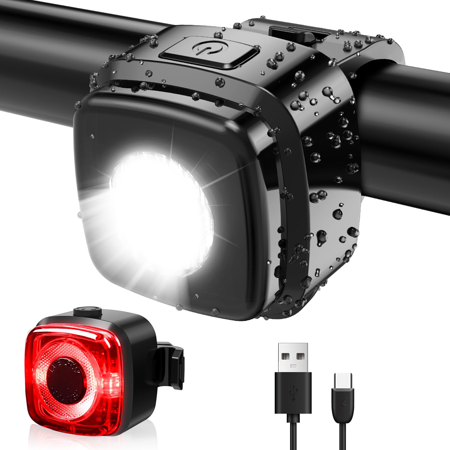 Antimi Fahrradleuchten-Set, StVZO-zugelassen Beleuchtungsset Led IPX5 Frontlicht + Rücklicht Fahrradlicht Set USB Typ C