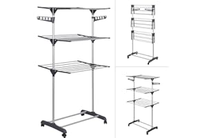 Drumm Tendedero Vertical Tipo Torre,Tendedero Electrico Vertical Metálico Plegable y Extensible 3 Niveles,4 Ruedas,Alas Plegables para Interior y Exterior,Balcón,Lavandería