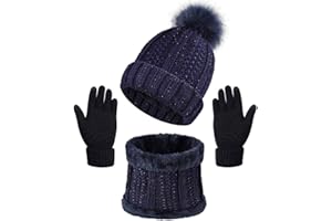 CheChury Conjunto de Bufanda Gorro de Punto y Guantes de Punto de Invierno Gorro con Pompón Invierno Regalos Mujer Unisexo Guantes Táctiles Gorras Con Bufanda Suave Moda Conjunto de Guantes de Punto