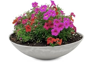 MATCHES21 HOME & HOBBY Matches21 - Maceta para exterior resistente a la intemperie, gran cuenco decorativo en gris mármol como cuenco para flores, cuenco plano para jardín de 45 cm para flores, bonsái o cementerio