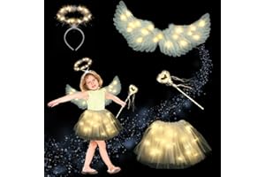 HIQE-FL Alas de Ángel Disfraz,LED Alas de Angel,4 Piezas Alas de Angel Decoración,Bastón Mágico,Falda,Trajes de Carnaval de Fiesta,Cosplay Halloween (Blanco cálido)