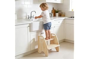 comfoyar Taburete Infantil Madera con 2 Peldaños, Taburete Niños 2 Peldaños con Asa y Almohadilla Antideslizante, Silla con Respaldo Convertible, Altura Regulable, para Baño Dormitorio Cocina, Orinal