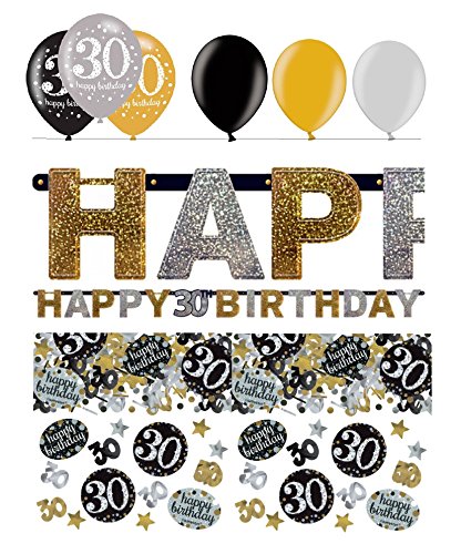 FesteFeiern® Dekoration Girlande zum 30. Geburtstag | Geburtstags Deko 30. | 8 Teile gold schwarz silber mit Luftballon | Party Deko 30 happy birthday