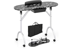 COSTWAY Tavolo Manicure Pieghevole, Tavolo Unghie Estetista Portatile con Ruote, Cassetto, Cuscino Poggiapolsi e Borsa