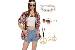 KASAHARA Hippie Tops Women's Hawaiian Outfit Blouse Costume Set Flower Power 80s Shirt Women 90s Vintage Shirt 70s Clothing Casual Retro Tops Carnival Fancy Dress Costume