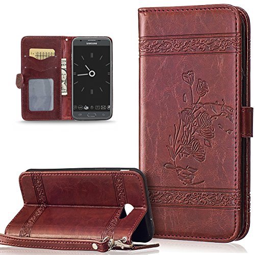 Galaxy J3 Emerge Case,J3 2017 Case,J3 Prime Case,Amp Prime 2 Case,Express Prime 2 Case,ikasus Embossing Morning Glory Flower PU Leather Fold Flip Wallet Cover Stand Card Slots Case Cover,Red Wine