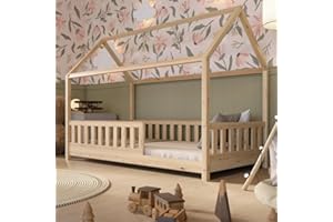 Crazy Pine Letto Casetta 190x90 cm – Legno Naturale con Barriera – Design Scandinavo, Letto Montessori a Pavimento con Piedini Regolabili in Altezza - Crazy Blanco