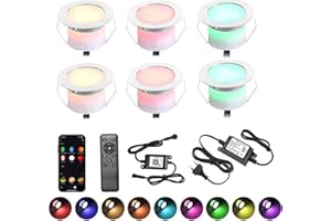 INDARUN 6 pièces WIFI Spot LED Encastrable Extérieur Ø45MM 12V RGBW（RGB+Blanc chaud） Contrôleur Étanche IP67 LED Lumières de terrasse pour Patio Path Steps de jardin