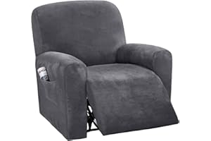 CLGTY Stretch Velvet Recliner Chair Covers, 4-piece With Pocket Lazy Boy Reclining Sofa Slipcover Non Slip Armchair Covers For Kids Pets-grey A-1 seater