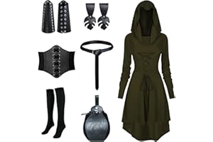 PORJDN Damen Mittelalterliches Kapuzenkleid Set Gothic Kleid Damen Halloween Robe Kapuzenkleid mit Gürtel,Retro Goldmünzenbeutel,Korsett,Overknee Socken,Armschützer,Schürzenklammer.