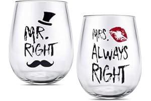 BIGNOSEDEER Mr Right Bicchieri da coppia di vino 14 once Calice da vino in cristallo senza stelo Set di tazze, Tazza da matrimonio per gli sposi per coppia Anniversario, Fidanzamento, Natale San Valentino