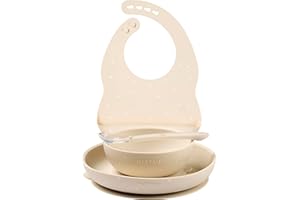 Nattou Stoviglie in Silicone per Bambini, 4 Pezzi, 1 Cucchiaio, 1 Ciotola con Coperchio, 1 Bicchiere, 1 Bavaglino, Senza BPA, Silicone, Motivo Color Argilla