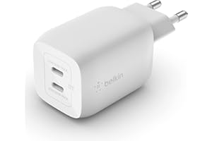 ‎BELKIN Belkin 65-W-USB-C-Ladegerät mit 2 Ports, Schnellladen mit Power Delivery 3.0 und GaN-Technologie für MacBook Pro, iPhone 17, iPhone Air, iPad, Galaxy S25, Pixel 10, Laptop, usw - Weiß