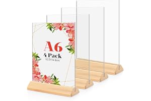 4 stycken Plexiglas A6 displayställ, trä T-form akryl skylthållare bladhållare transparent plexiglasram bordsmenyhållare med