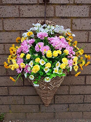 Artficial Flowers Wall Mounted Brown &amp; cream Basket / Out Door, Yellow, Pink &amp; white Flowers , Basket and Bark