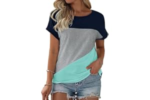 Fisoew Damska koszulka z okrągłym dekoltem, blok kolorów, krótki rękaw, na lato, luźna bawełna