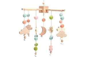 Promise Babe Mobile Bebé Madera con Bolas de Fieltro Habitación del Bebé Colgante Campana Luna Estrellas Planeta Crochet Carillón de Viento Bebé Niños Niñas Cuna Star Moon Mobile