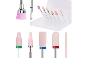 Kredioo Broca Manicura, 7Pcs Fresas para Torno 3/32, Herramientas de Cerámica, Profesional Torno para Uñas Pulidor, Taladro de Uñas Set, Accesorio de Pedicura, Quitar Gel, Acrílico, Cutícula