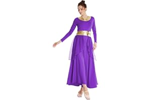 MYRISAM Women Praise Dance Robe Liturgical Worship Metallic Waistband Long Sleeve Dress Chiffon Skirt Lyrical Costume