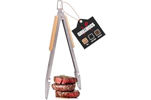 GRILLHOGS Barbecue Grill Tongs | 16 Inch | Best Metal Kitchen Tongs for Cooking and Grill Accessories | Stainless Steel + Oak Wood BBQ Tongs