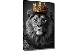 LZIMU Lion with Crown Picture on Canvas Black White King Animal Canvas Prints Wild Animal Art for Office Bedroom Wall Decoration Framed (40 x 60 cm)