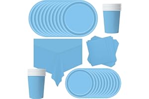POPOYU Stoviglie per Feste di Compleanno Azzurro,69 Pezzi Stoviglie Carta Set,Piatti di Carta Tovaglioli Tazze di Carta Stoviglie Tovaglia per Compleanni,Matrimoni,Decorazioni Natalizie (16 Ospiti)