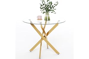GOLDFAN Round Glass Dining Table Modern Kitchen Table with Gold Metal Legs for Dining Room (80cm-Gold)