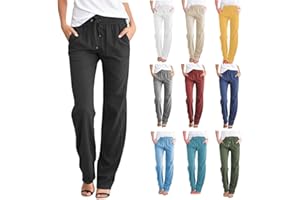 GENERICO Pantaloni Donna Cotone e Lino Estivi Casual Pantaloni Leggeri Larghi Comodi Pantaloni Gamba Dritta Spiaggia Svago Pantaloni con Tasca Elastici in Vita Morbidi Pantaloni