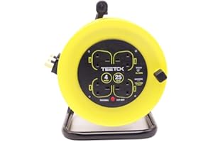 MARCH-ANGLE 25 Metres Four Socket Open Cable Reel Extension Lead with Winding Handle 13A 4 Socket Thermal Out and Power Switch High Visibility Cable