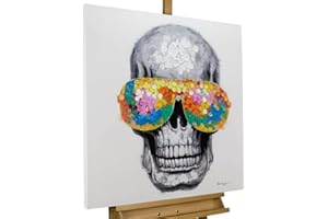 KunstLoft Leinwandbild | 100% HANDGEMALT | 80x80cm | Gemälde 'Funky Totenkopf' | Lifestyle & Fashion | Bunt Grau | Wandbild Wohnzimmer