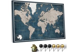 CANVASCALE Hochwertige Canvas Weltkarte mit Kork-Pinnwand - Englische Beschriftung - Dekorative Wanddeko für alle Zimmer - Leinwandbilder mit Weltkarte Motiv (120x80 cm, Muster 23)