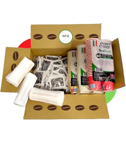 VIRSUS Kit Sucre Palette Gobelets Set Accessoires Biodégradables 150 Sachets De Sucre 150 Verres En Carton Havane Avec Graphique De 75 Ml 150 Palettes En Bois De Bouleau