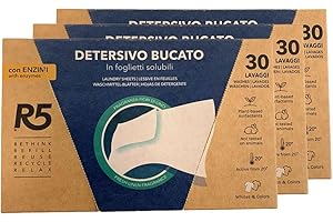 R5, Detersivo Bucato in Foglietti Solubili, 90 Lavaggi, Detersivo in Fogli con Enzimi per Lavatrice o Lavaggi a Mano, per Capi Bianchi e Colorati, Profumo Fiori di Lino, Eco-Formato