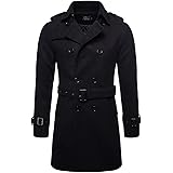 AOWOFS Men's Double Breasted Coat Regular Fit Winter Overcoat Long Wool Coat with Belt Black