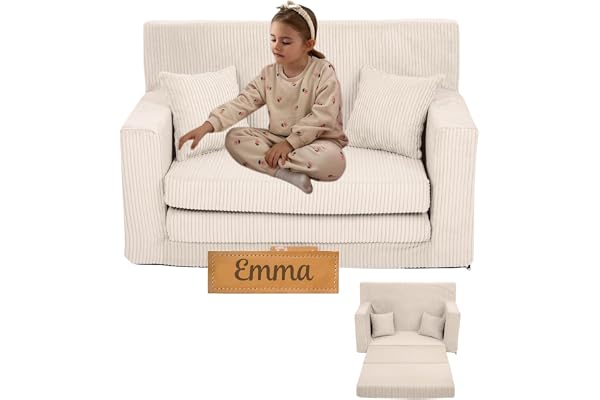 Flumi Barnsoffa, barnfåtölj, bäddsoffa för barnrum, leksoffa med sängfunktion, barnmöbel, 92 x 40 x 60 cm, anpassbar (beige kord)