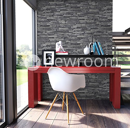 Steintapete Vlies Grau Schwarz | schöne edle Tapete im Steinmauer Design | moderne 3D Optik für Wohnzimmer, Schlafzimmer oder Küche inkl. der NewroomTapezier-Profibroschüre mit Tipps für perfekteWände - 2