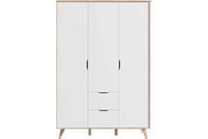 ‎FORTE FORTE VANKKA Schrank 140 200, Kleiderschrank 2 Schubladen, Schlafzimmerschrank Jugendzimmerschrank, Kinderzimmer Skandinavisch 3-türig Weiß / Planked Eiche, 139 cm breit x 201.5 cm hoch x 53 cm tief