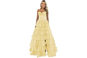 GENERIC Suknie balowe z gorsetem bez ramiączek dla kobiet, długa suknia balowa w kształcie litery A, szyfonowa, wielowarstwowa, formalna suknia wieczorowa z rozcięciem