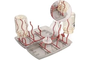 JUMRHFAN Babyflaschen-Trockengestell mit abnehmbarem Wassertablett Flaschen, Sauger, Tassen, Pumpenteile Trockengestell mit 12 Halterungen, faltbar, sparsamer Reisehalter mit Box (Pink)