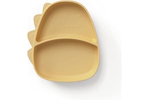 ÜneeQbaby Silikon-Kinder Teller i-Form - BPA-Frei, Spülmaschinenfest, Mikrowellen- und Ofensicher - Perfekt für Kleinkinder und Babys…(Dino - Bernsteinfossil)