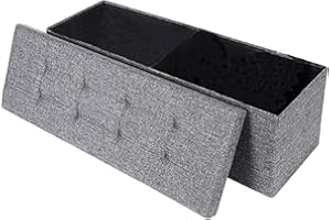 Dripex Large Folding Ottoman Storage Box,Grey Linen Padded Foldable Bench Footstool, Toy Chest Seat Foot Stool Storage Box with Lid, 120L Capacity, for Bedroom, Hallway, Living Room, 110x38x38 cm