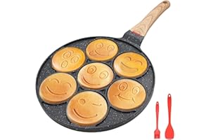 Bobikuke Padella Pancake Smile, Pancake Piastra Antiaderente 7 Fori Padella Frittata Piatto Colazione per Bambini 26 cm - Nero