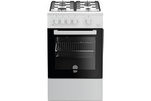 Beko FSG52010FW Freistehender Gasherd, Gasbackofen mit Gaskochfeld, 50 cm, 4 Kochzonen, Gasbackofen mit Elektrozündung und Innentemperaturanzeige, herausnehmbares Innenglas, Weiß