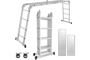 Cecaylie Échelle Pliante Multifonction 470 cm en Aluminium, 4 x 4 m, avec 2 plaques d'échafaudage et 2 roulettes, 12 marches 7 en 1, Stable et Portable