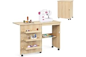 RELAX4LIFE Mesa de Costura Plegable con 5 Ruedas, 4 Estantes de Almacenamiento y Frenos, Mesa para Máquina de Coser de MDF, Mesa Multifuncional para Salón, Dormitorio, 118,5x40x79,5cm (Natural Claro)