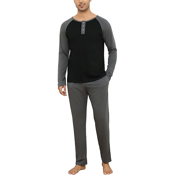 Nieery Pyjama voor heren, lange winterpyjamaset, katoen, lange mouwen, V- hals, T-shirt, pyjamabroek met zak, Donkergrijs-3, M