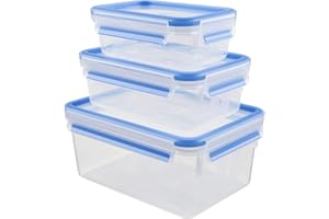 Emsa 512753 Clip & Close Frischhaltedosen | 3-teiliges Set | 0,55+ 1,00+ 2,20 L | -40 bis +100 Grad | Kunststoff | 100 % Dicht | Besondere Frische-Dichtung, Transparent / Blau