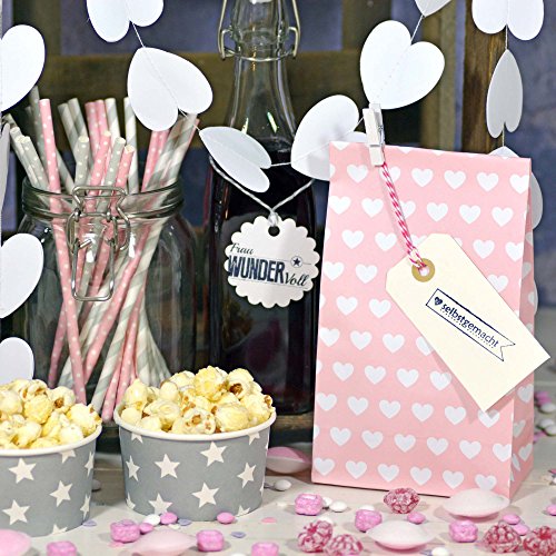 60 Frau Wundervoll Papiertüten (Vorteilsmenge) mit Boden rosa, weiße Herzen, 100 Gramm Papier / Blockbodenbeutel aus Papier / Gastgeschenk Hochzeit - 2