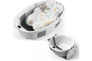 EzyWay Foldable Baby Bath Tub with Thermometer for Real Time Temperature, Temperature Sensing Drain Plug, Anti-Slip Legs Collapsible Tub with Cushion Pad (Grey)